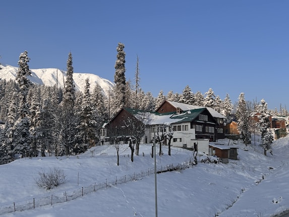 A snowy landscape featuring a cozy cabin surrounded by tall pine trees with a backdrop of majestic snow-covered mountains under a clear blue sky. The ground is blanketed with fresh, untouched snow.