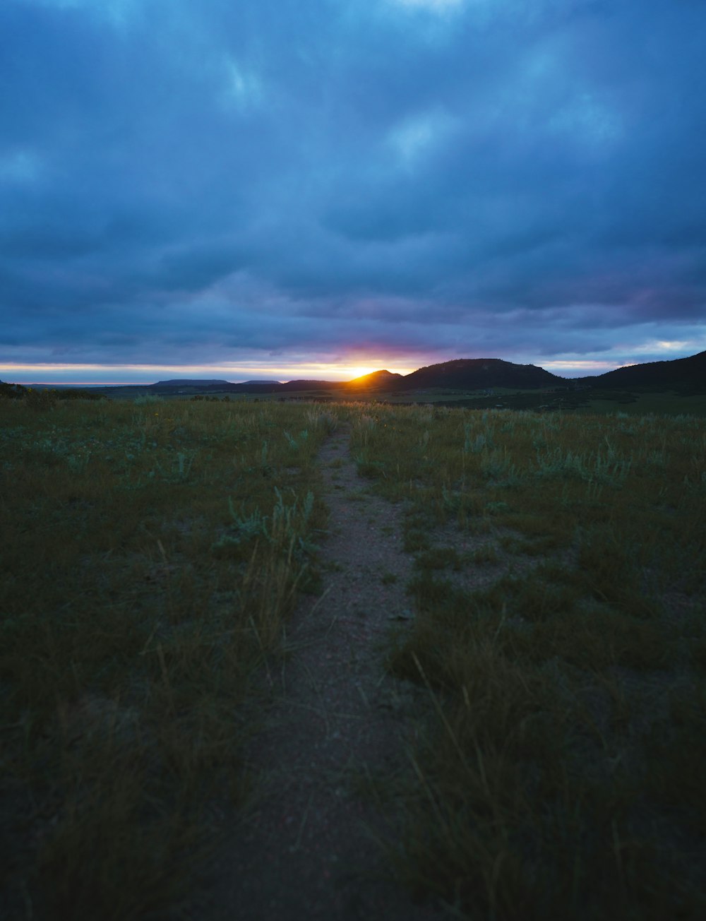 the sun is setting over a grassy field