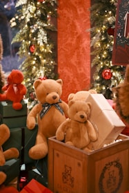 A cozy scene showing a large teddy bear gift pack wrapped with a delicate ribbon.
