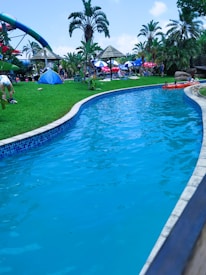 A vibrant water park scene with a winding lazy river bordered by well-manicured grass and tall palm trees. People relax under colorful umbrellas, while some are seen wading in the pool. The sky is clear and blue, suggesting a sunny day. A large water slide is visible in the background, and various inflatable tubes are used by visitors in the water.