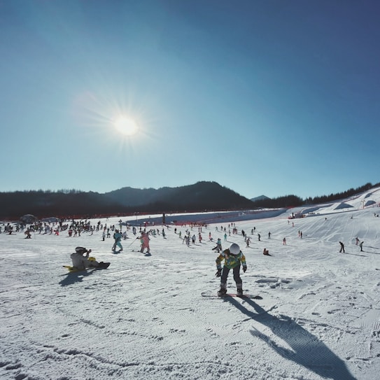 A snowy landscape with numerous people engaged in skiing and snowboarding activities. The bright sun casts long shadows on the snow, and a backdrop of distant mountains is visible under a clear blue sky.