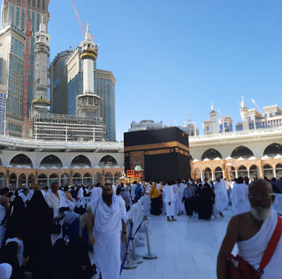 Wide shot of pilgrims performing tawaf around the Kaaba under a clear sky.