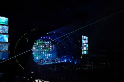 A panoramic view of a live event stage with vibrant visuals and immersive sound systems.
