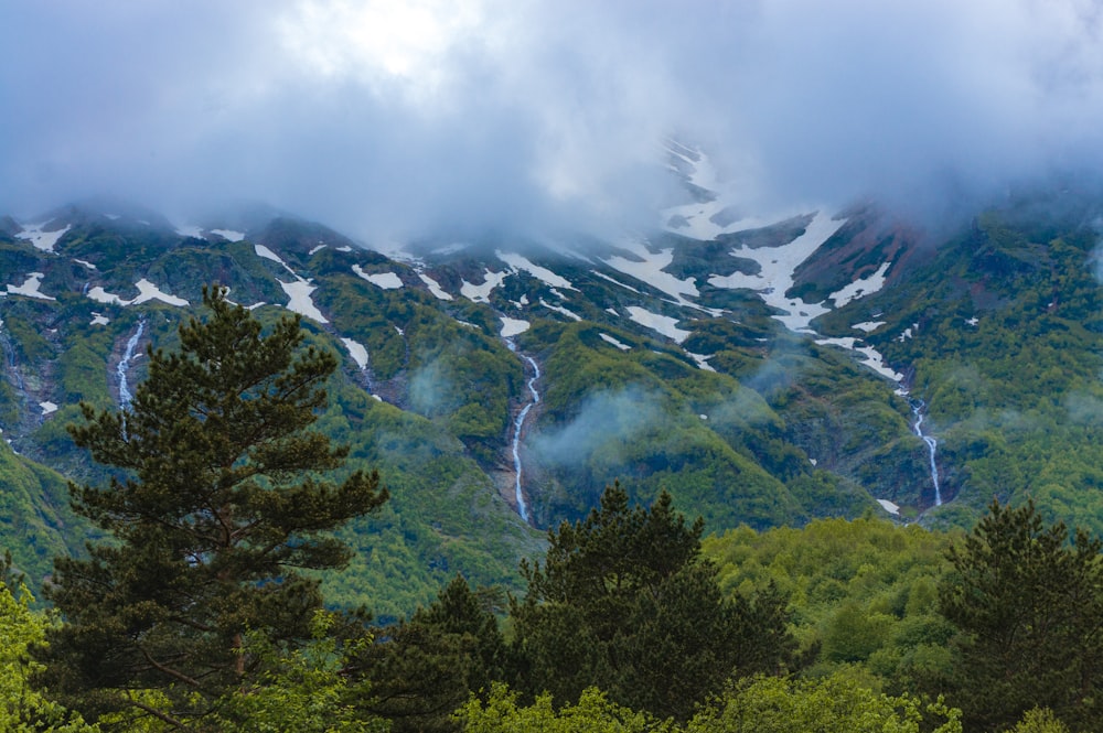 a mountain covered in snow and clouds with trees