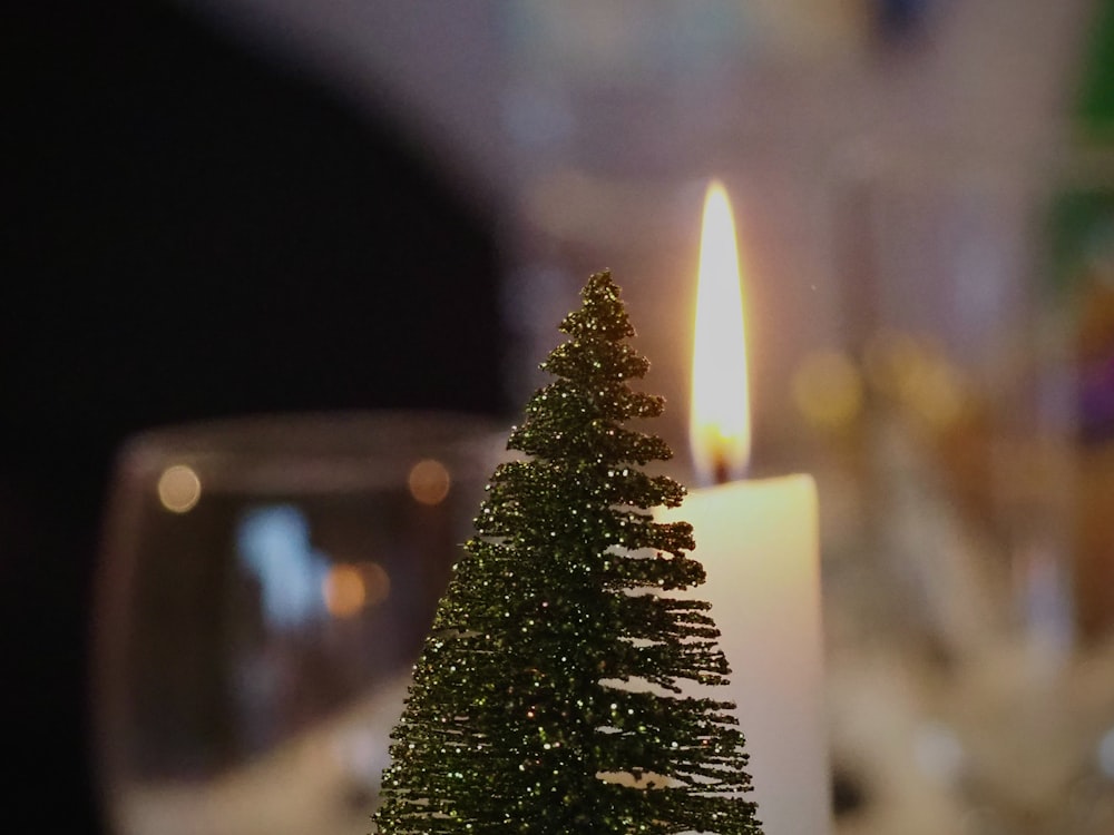 a small christmas tree sitting next to a lit candle