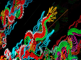 High-tech dragon silhouette blending with digital stars and neon lights.