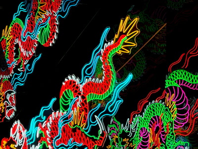High-tech dragon silhouette blending with digital stars and neon lights.