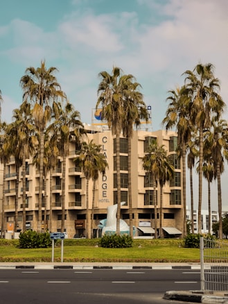 A modern multi-story hotel building with large windows is surrounded by tall palm trees. The hotel has a beige facade and a prominent sign that reads 'Hotel'. The area around the building contains well-maintained greenery and a few small structures. The sky is partly cloudy, and a busy road with traffic signs runs in front of the hotel.