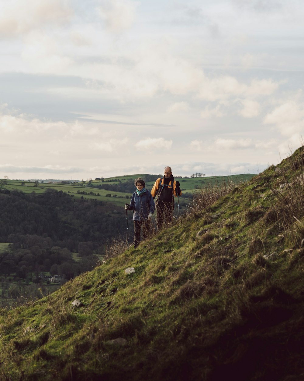 a couple of people walking up a grassy hill