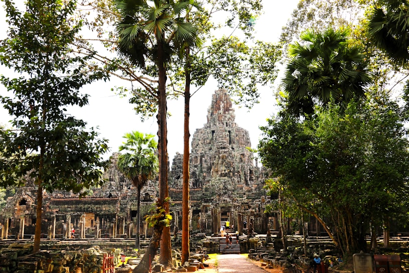 A majestic ancient stone temple adorned with intricate carvings surrounded by lush green trees. The architecture reflects a grand, historical aesthetic amid a sunlit jungle setting.