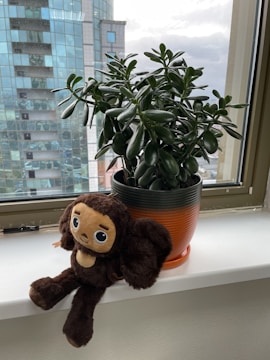 A plush crochet animal sitting on a sunny windowsill.