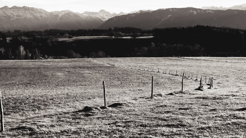 a black and white photo of a field with mountains in the background