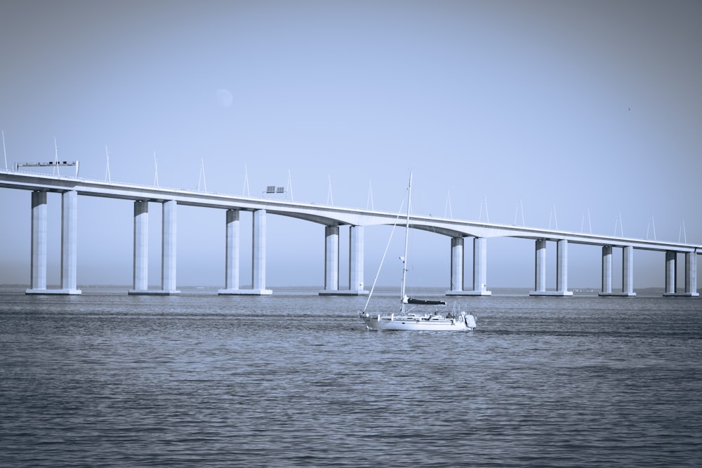 a boat is in the water near a bridge