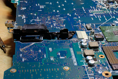 A close-up of a circuit board with various electronic components.