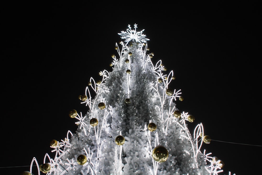 a christmas tree is lit up at night