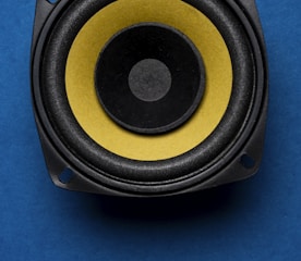 a close up of a speaker on a blue surface