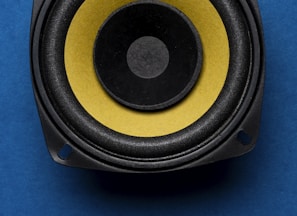 a close up of a speaker on a blue surface