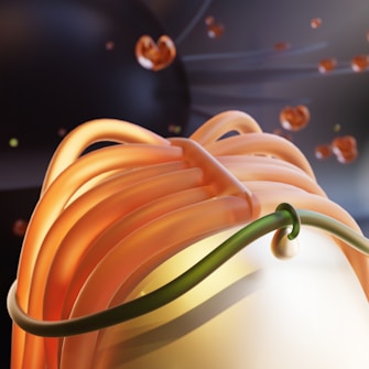 An abstract digital artwork featuring a smooth, looped structure with orange and green colors. The background is dark, with subtle light reflections and small spherical shapes floating around. The composition suggests a sense of motion and fluidity.