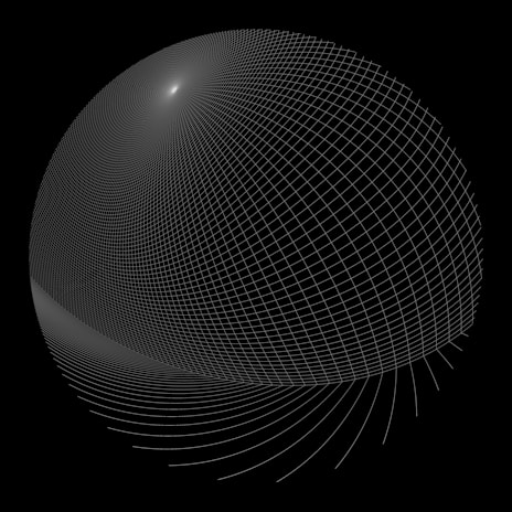 A sleek 3D wireframe globe rotating slowly against a deep void black background.