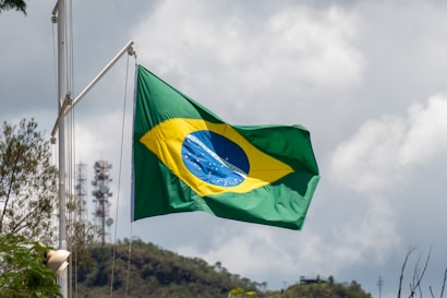 A Brazilian flag waves on a flagpole, showcasing its iconic green, yellow, and blue colors with a circular emblem in the center. The background features a cloudy sky, with some trees and a telecommunications tower in the distance.
