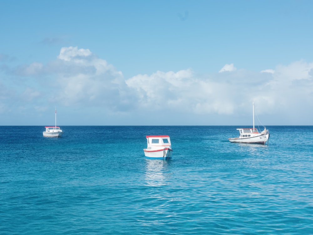 a group of boats floating on top of a large body of water