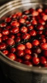 A close-up view of a metal pot filled with fresh cranberries submerged in water. The berries have a glossy texture and a deep red color, contrasting with the silver of the pot.