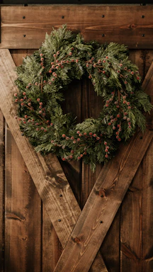 A welcoming front door of a cozy, well-furnished apartment with a small oak leaf wreath hanging.