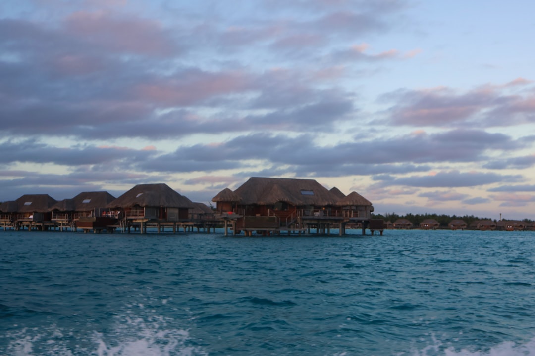 a body of water that has some houses on it, Over water bungalows Tahiti