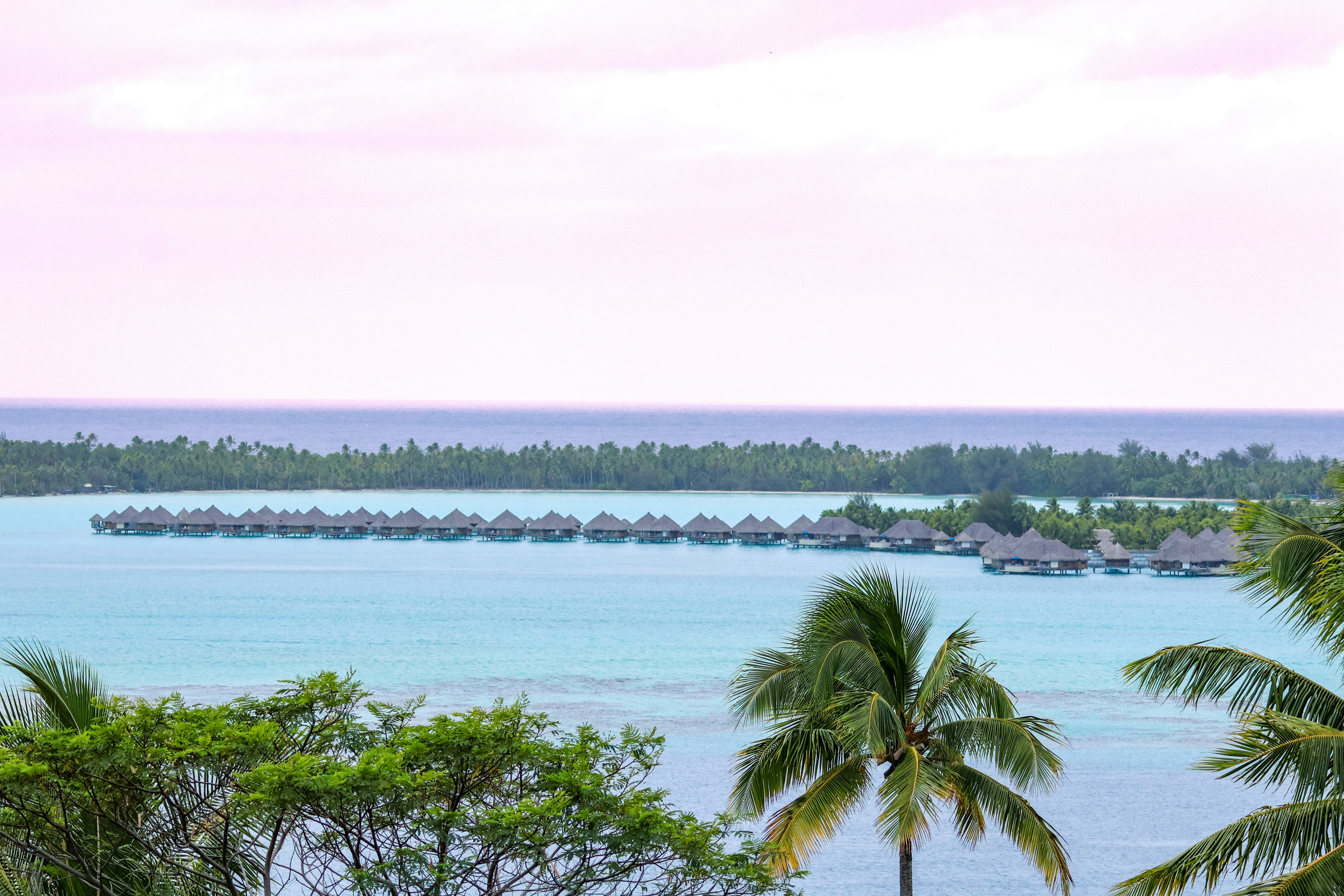 a view of a tropical island with palm trees in the foreground, Overwater bungalows