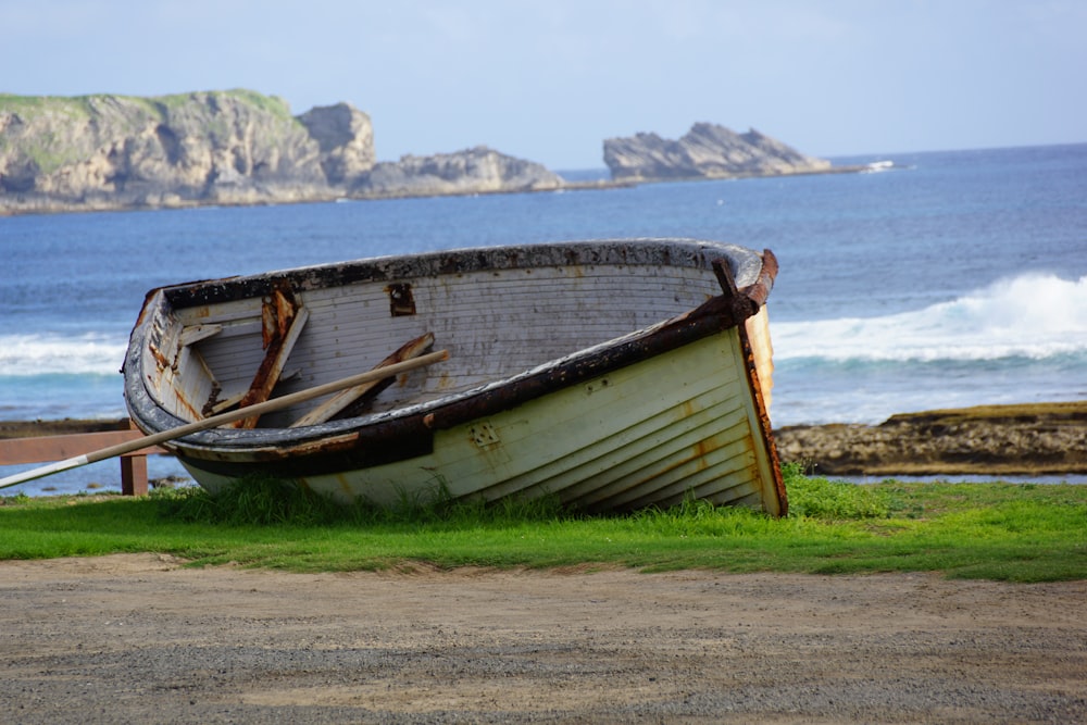 a boat sitting on top of a lush green field next to the ocean