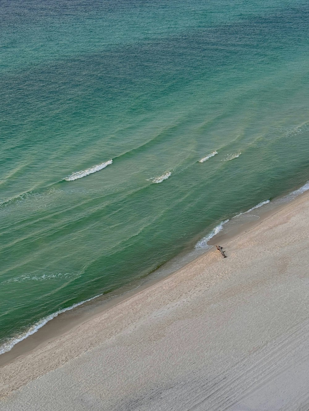 a person riding a surfboard on top of a sandy beach