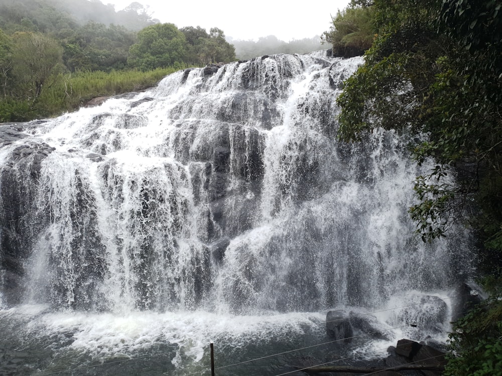 a large waterfall in the middle of a forest