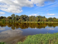 A calm river reflecting the surrounding green landscape and blue sky.