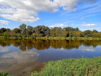 A calm river reflecting the surrounding green landscape and blue sky.