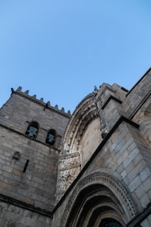 An artistic shot of an old building with intricate details and textures.