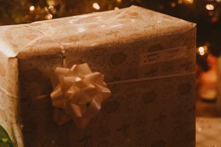 A wrapped Christmas gift featuring light brown paper with cartoon animal designs and a large decorative bow. A tag on the gift reads 'To: grandma, From: Felicia.' The background is softly lit with warm, glowing lights, suggesting a cozy holiday setting.