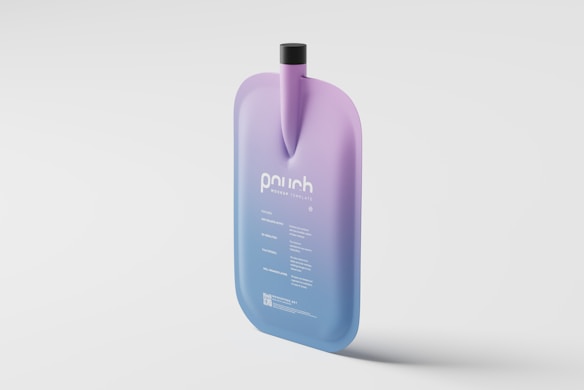 A modern, sleek pouch design with a minimalist aesthetic. The pouch features a gradient color scheme blending purple and blue, with a clear and concise logo and text on the front. The background is a plain white, drawing focus to the pouch, which has a unique, elongated shape with a black cap.