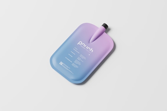A pouch with a sleek, modern design featuring a gradient color scheme transitioning from blue to lavender. It has a spout at the top with a black cap, and the surface contains printed text detailing product information.