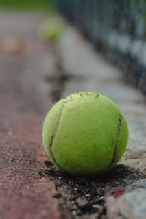 A tennis ball lies on a clay tennis court, with a slightly out-of-focus background. The ball is worn and has dirt marks, and the texture of the court surface is visible.