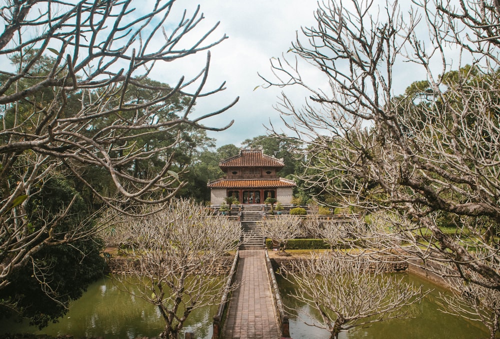 a walkway leading to a pavilion surrounded by trees