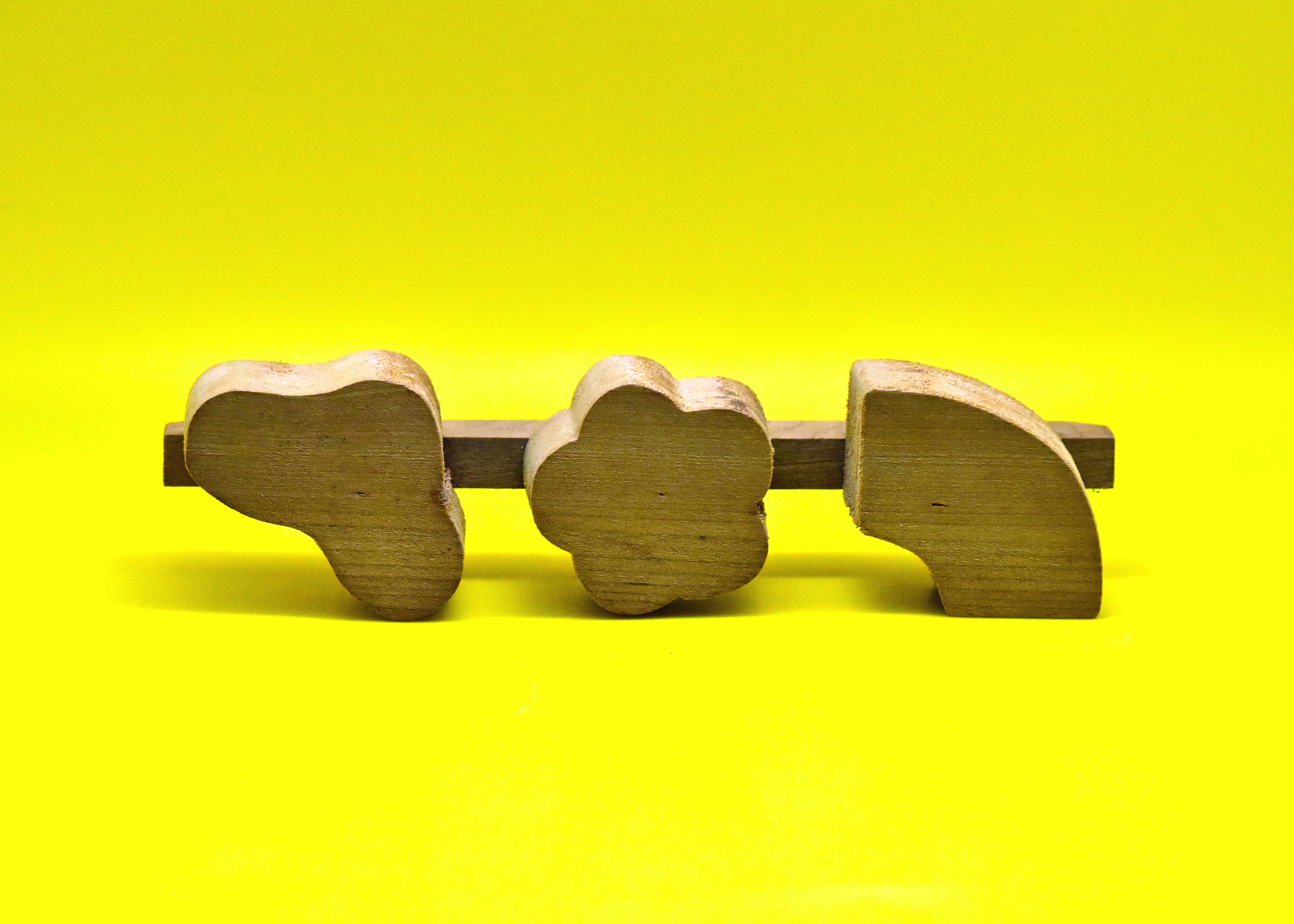 close-up on unique wooden "whimsy" pieces - cool puzzles