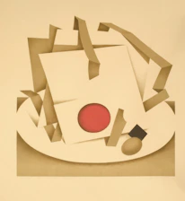 Playful arrangement of circles and lines in contrasting colors suggesting a quiet tension.