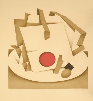 Abstract geometric shapes in black, white, and gray creating a balanced composition.