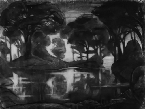 A dark, atmospheric landscape features dense clusters of trees with a reflective body of water in the foreground. The composition is reminiscent of a forest scene at dusk, with shadows creating an almost mystical feel. The interplay of light and shadow suggests depth and texture, while the blurred outlines imply a sense of motion or transformation.