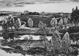 Minimalist black and white sketch of a serene landscape.