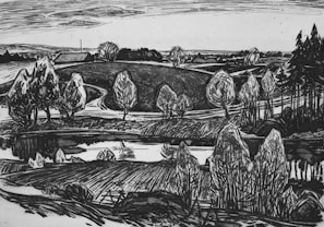 A black and white landscape sketch featuring rolling hills, winding paths, and a series of tall, abstract trees. The scene is tranquil, with a reflective body of water in the foreground and a partly cloudy sky above.