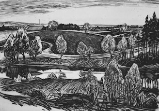 A black and white landscape sketch featuring rolling hills, winding paths, and a series of tall, abstract trees. The scene is tranquil, with a reflective body of water in the foreground and a partly cloudy sky above.