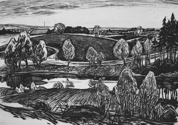 Black and white pencil sketch of a serene forest scene with detailed trees and shadows