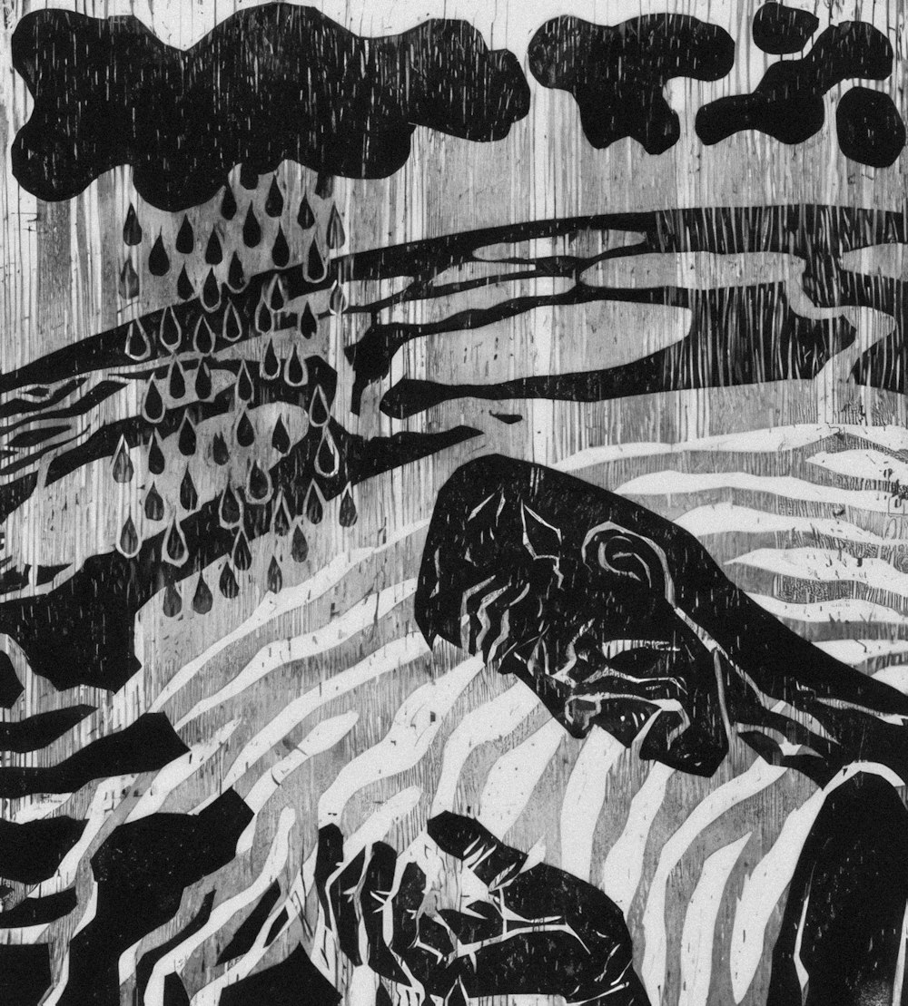 a black and white drawing of a zebra in the rain