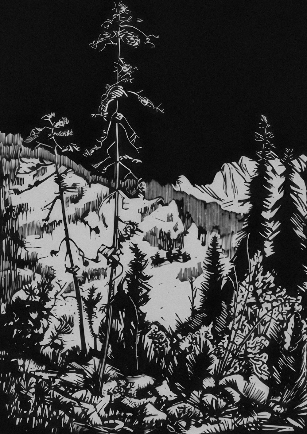 a black and white drawing of trees and mountains